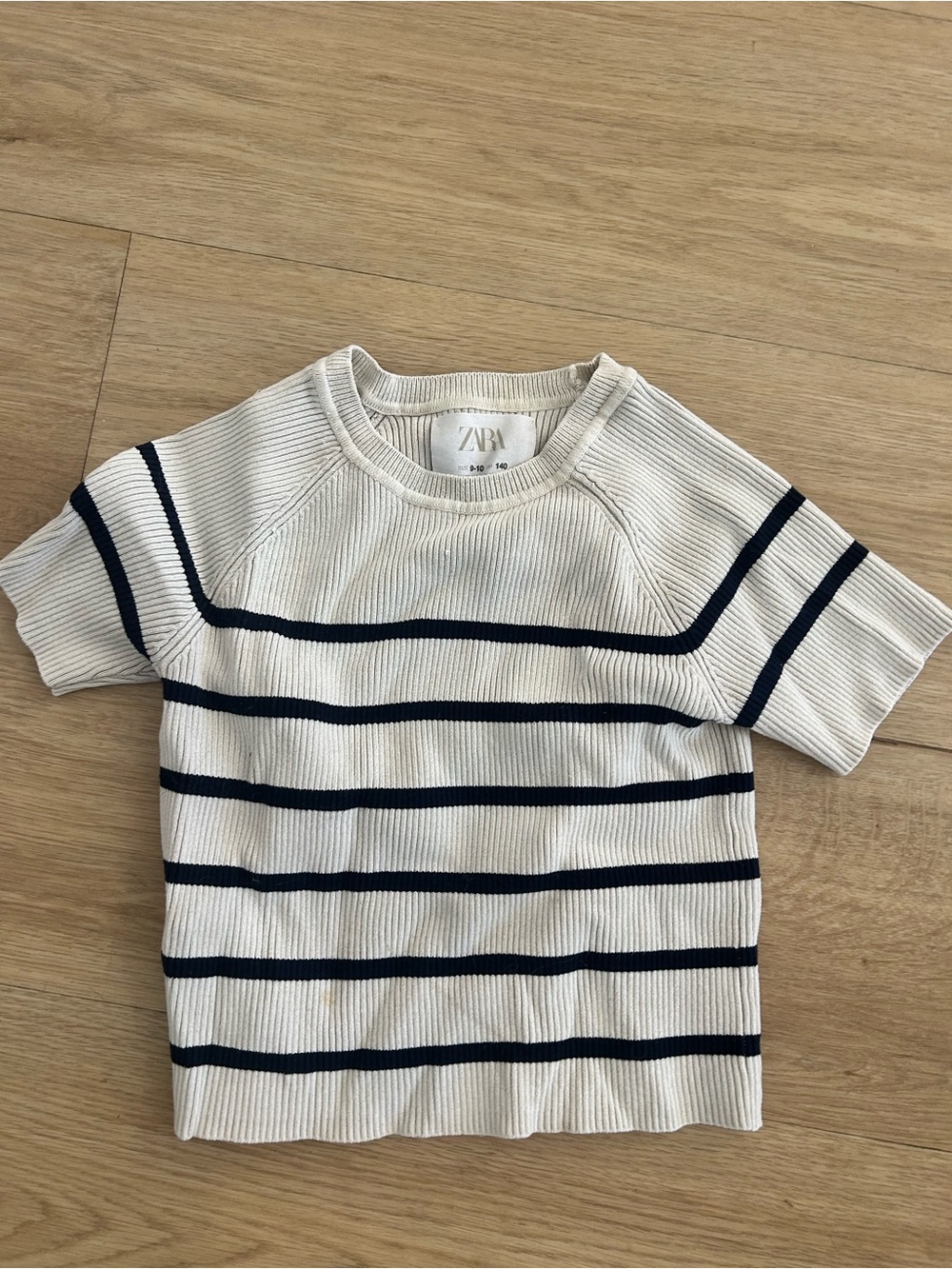 ZARA Cream Short Sleeve Ribbed Top with Navy Stripes